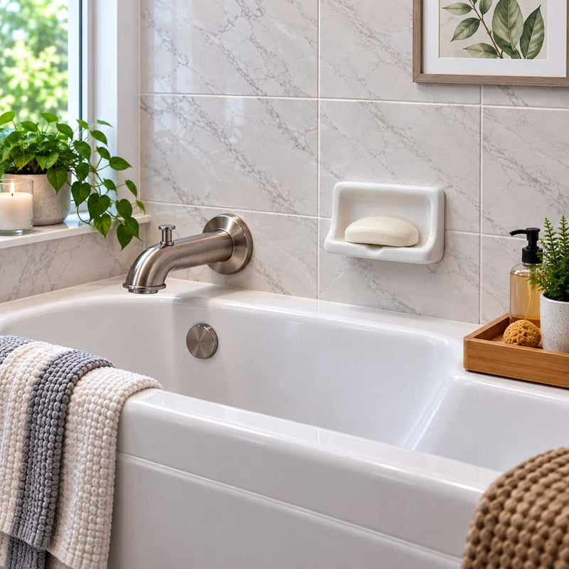 SereneDrains Ceramic Mini Soap Dish - Thinset Installation - White Glossy