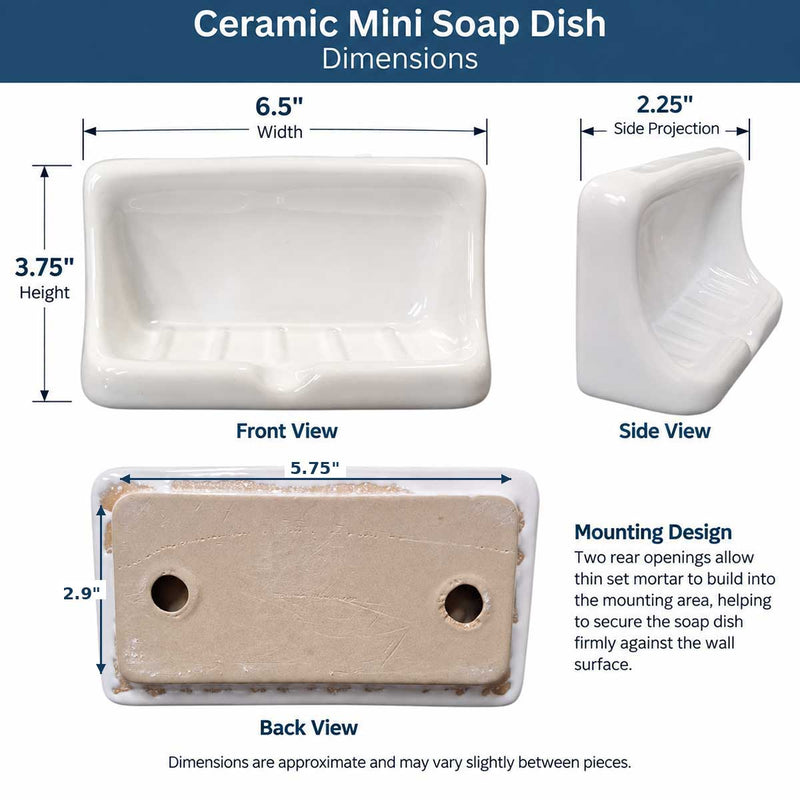 SereneDrains Ceramic Mini Soap Dish - Thinset Installation - White Glossy