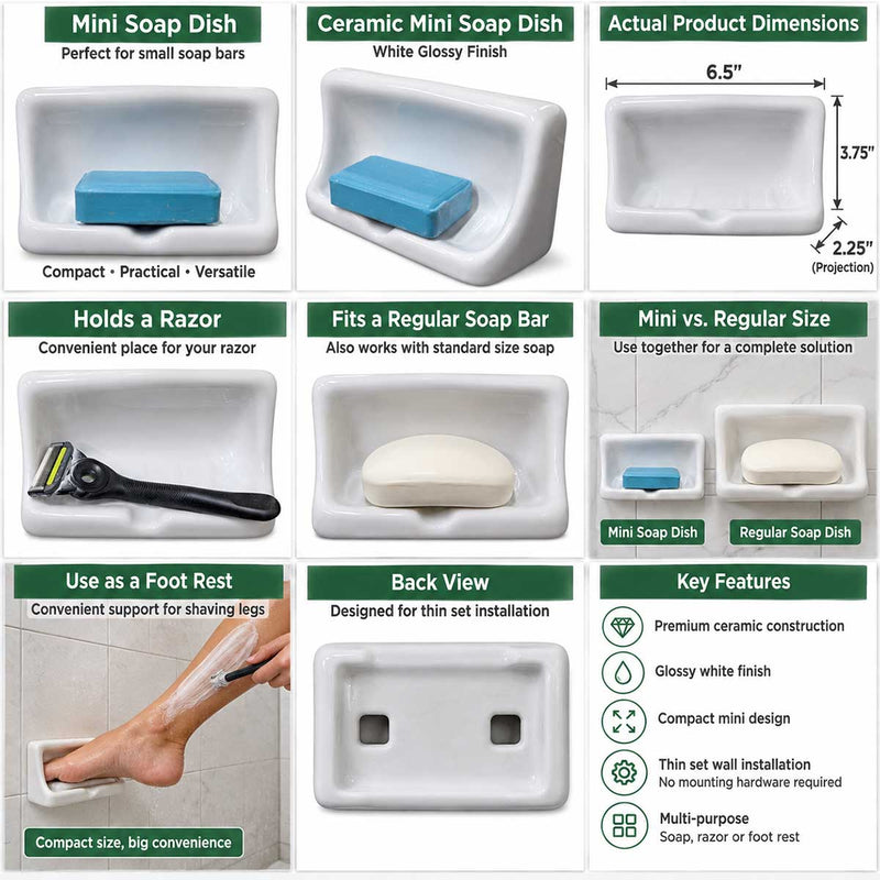 SereneDrains Ceramic Mini Soap Dish - Thinset Installation - White Glossy