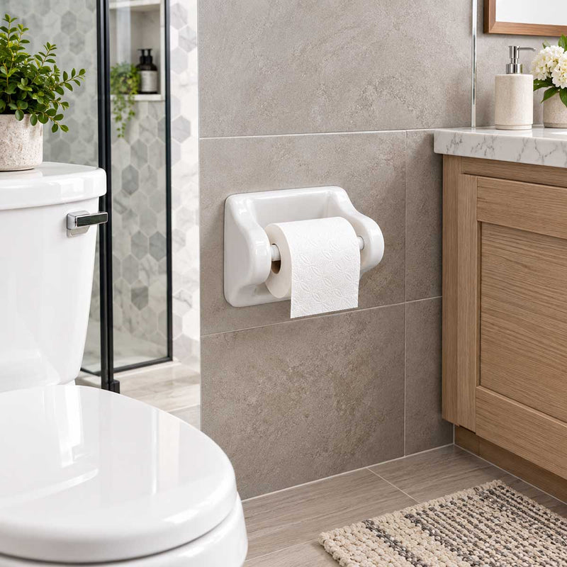 SereneDrains Ceramic Toilet Paper Holder - Thinset Installation - White Glossy