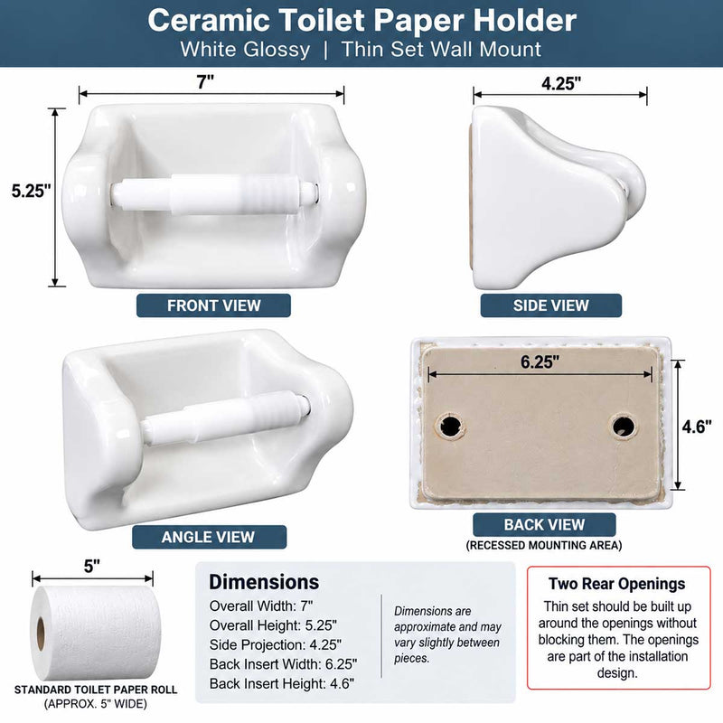 SereneDrains Ceramic Toilet Paper Holder - Thinset Installation - White Glossy