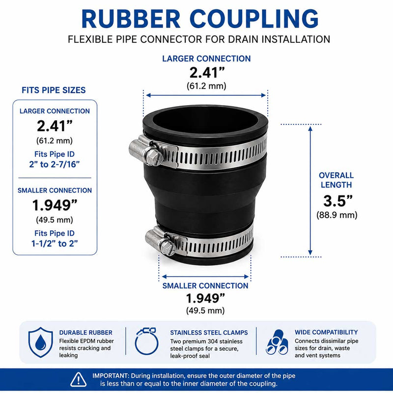SereneDrains Flexible Rubber Reducing Coupling with Stainless Steel Clamps - 1.9 x 2.4