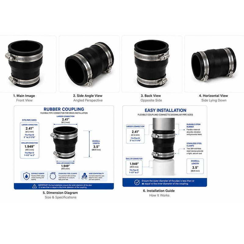 SereneDrains Flexible Rubber Reducing Coupling with Stainless Steel Clamps - 1.9 x 2.4
