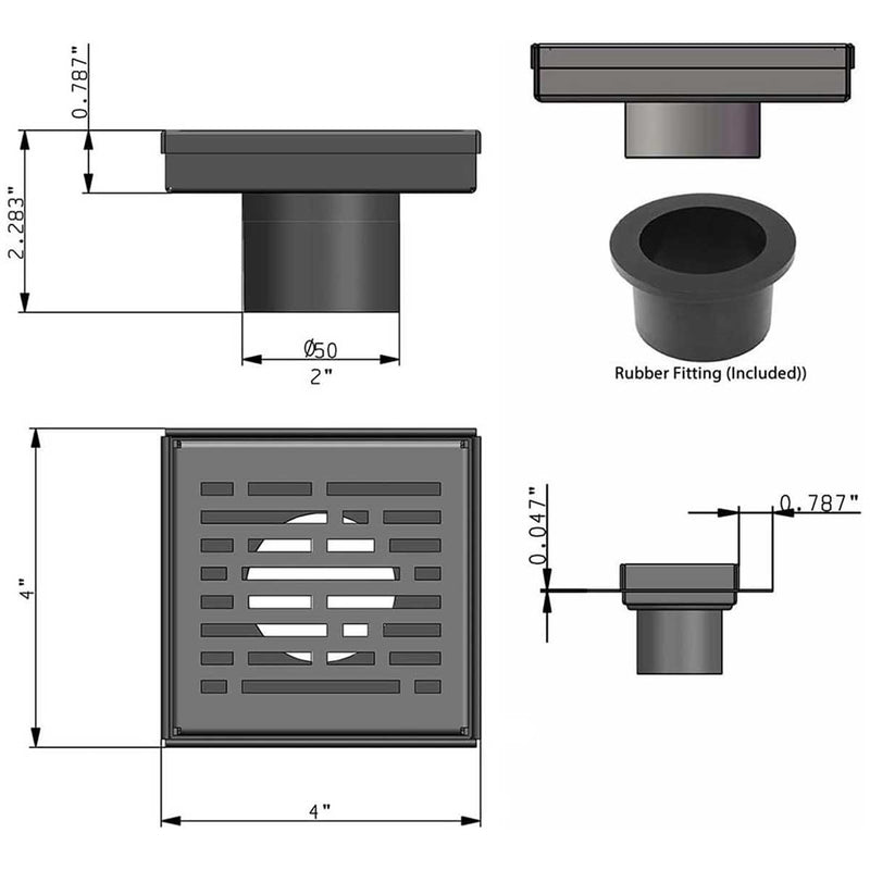 SereneDrains Square Shower Drain Kit with Base - Broken Lane - Matte Gold - 4 Inch