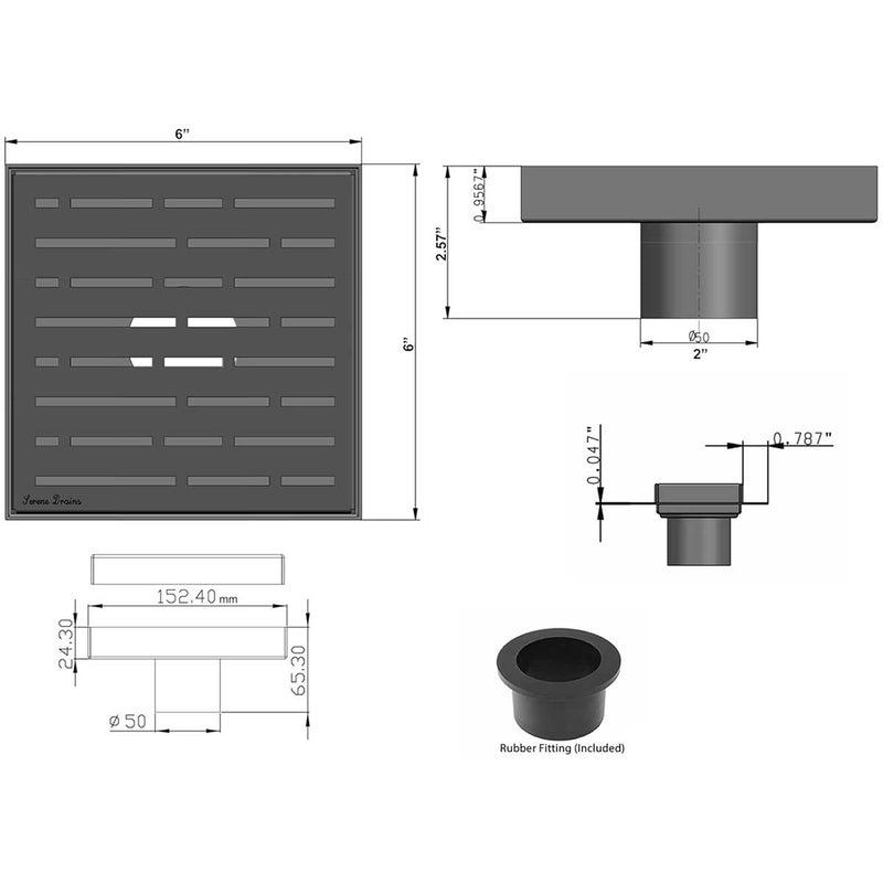 SereneDrains Square Shower Drain Kit with Base - Traditional Square - Brushed Nickel - 6 Inch