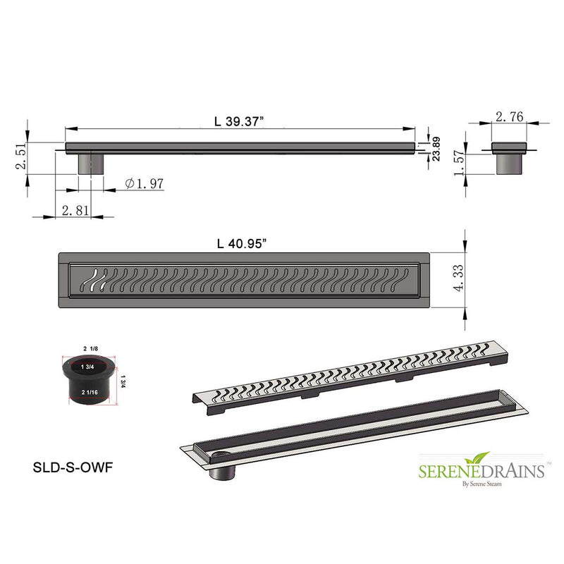 SereneDrains Linear Shower Drain Offset Outlet Ocean Wave - Brushed 39