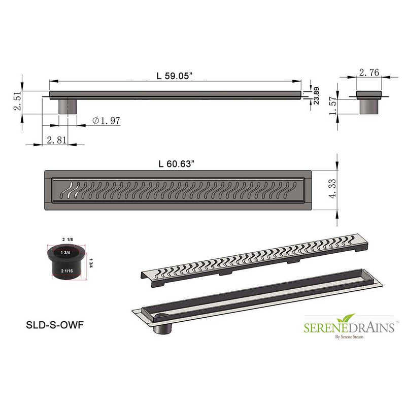 SereneDrains Linear Shower Drain Offset Outlet Ocean Wave - Brushed 59