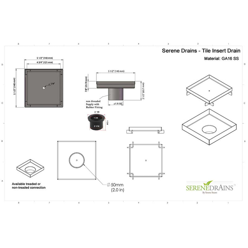 SereneDrains Square Shower Drain Kit with Base - Tile Insert - Matte White - 5 Inch