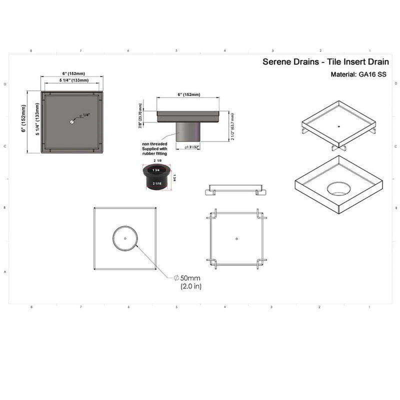 SereneDrains Square Shower Drain Kit with Base - Tile Insert - Brushed Nickel - 6 Inch