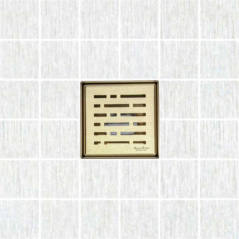 SereneDrains Square Shower Drain Kit with Base - Broken Lane - Matte Gold - 4 Inch