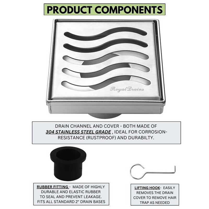 SereneDrains Square Shower Drain Ocean Wave 4 Polished