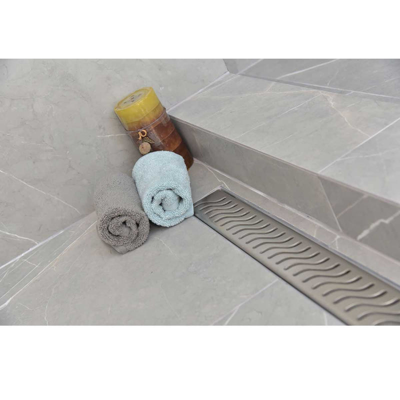SereneDrains Linear Shower Drain Offset Outlet Ocean Wave - Brushed 35