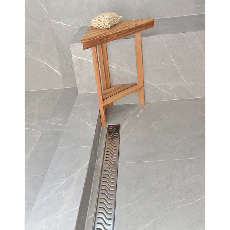 SereneDrains Linear Shower Drain Offset Outlet Ocean Wave - Brushed 35