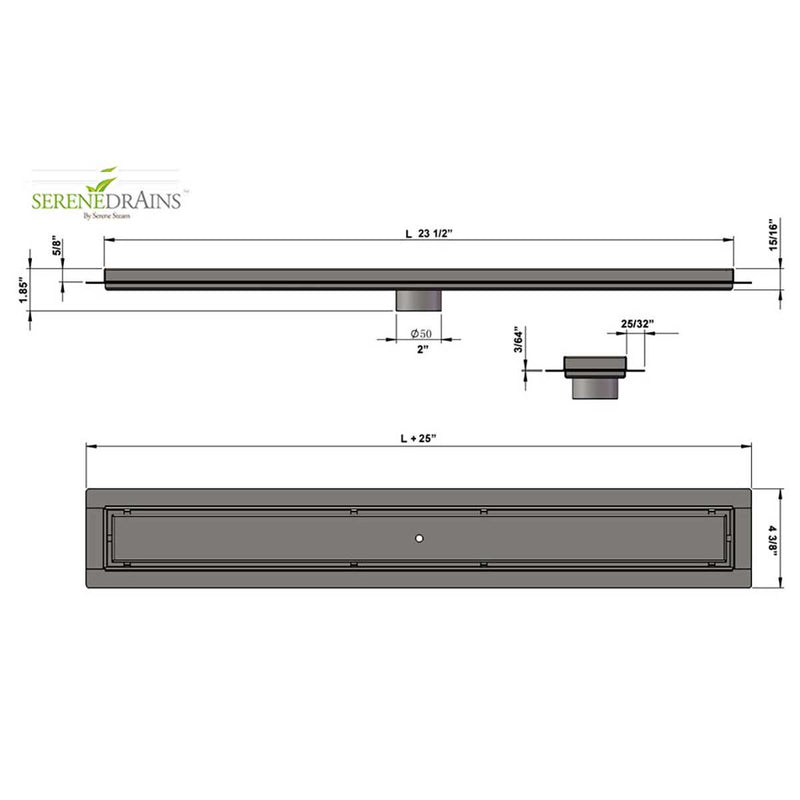 SereneDrains ABS Horizontal Side Discharge Outlet with Tile In Linear Shower Drain Low Profile Assembly Reducer PVC Base Pipe Fitting P Trap