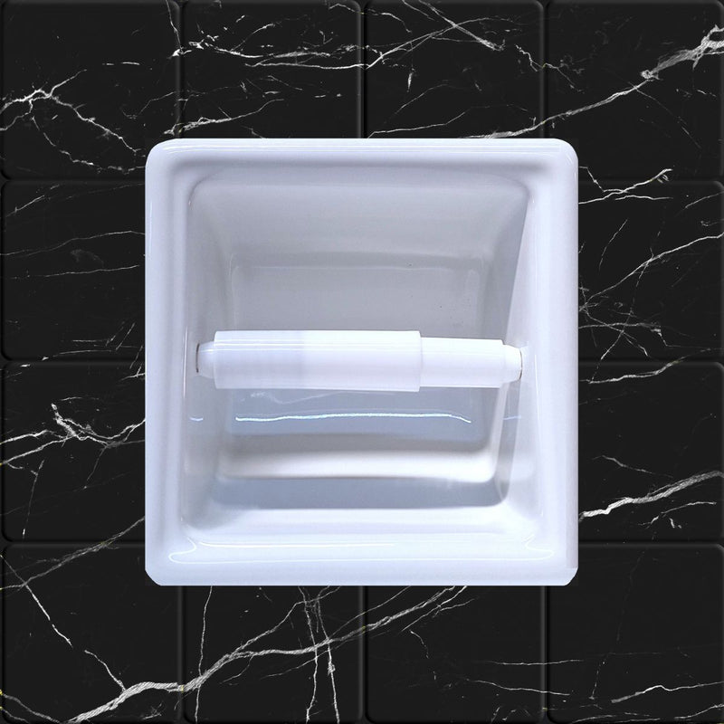SereneDrains Ceramic Recessed Toilet Paper Holder White Glossy 6x6 Niche Bathroom Tissue Roll