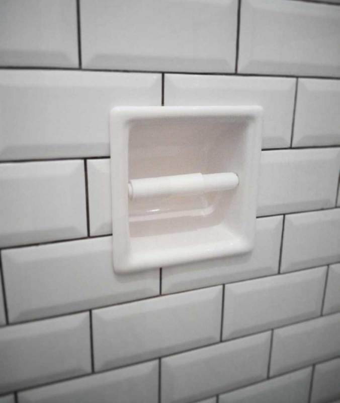 SereneDrains Ceramic Recessed Toilet Paper Holder White Glossy 6x6 Niche Bathroom Tissue Roll
