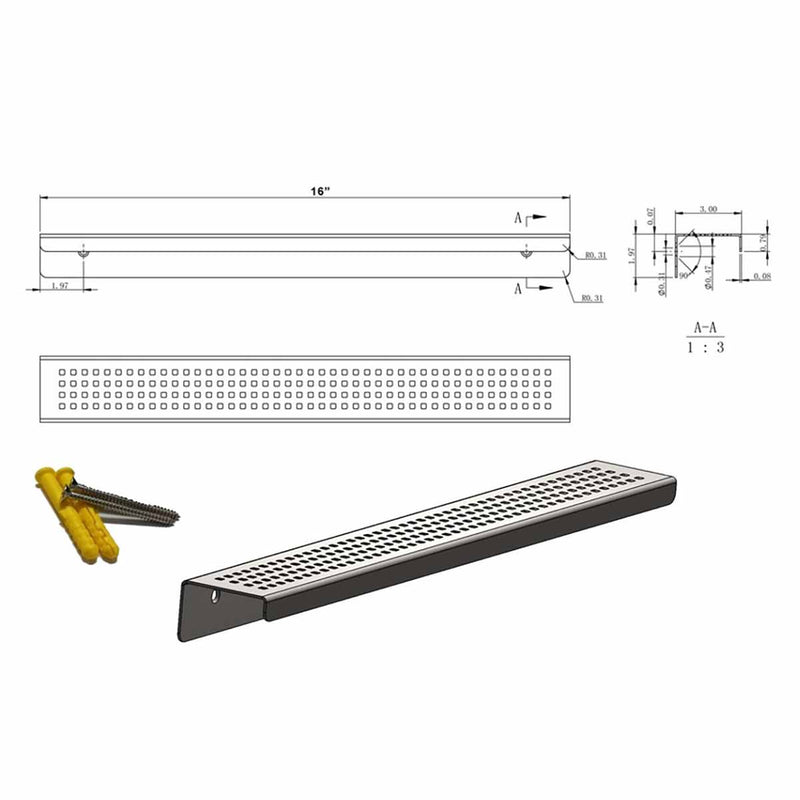 SereneDrain Rectangle shelf Square Design 16 inch diagram with hardware included