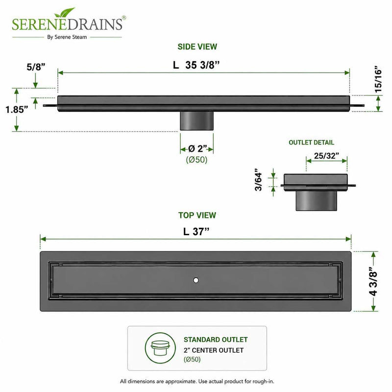 SereneDrains Linear Shower Drain - Tile Insert - Oil Rubbed Bronze - 35