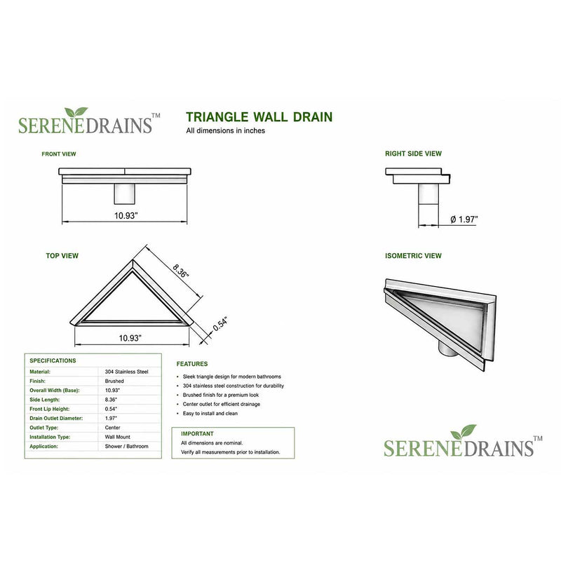 SereneDrains Triangle Shower Drain - Tile Insert - Polished Chrome - 8 Inch
