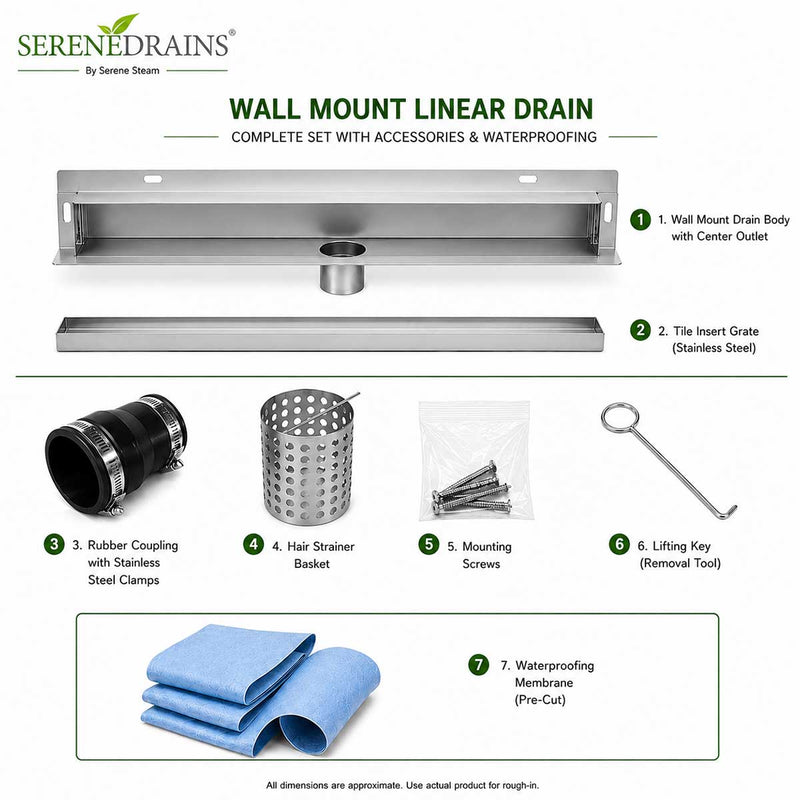 SereneDrains Linear Wall Shower Drain - Tile Insert - Brushed Nickel - 24 Inch