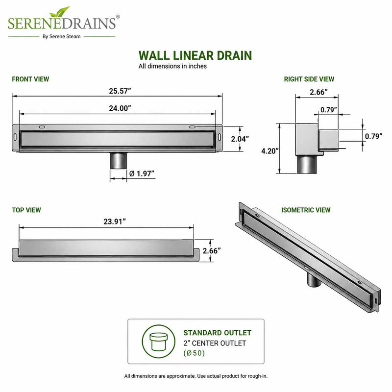 SereneDrains Linear Wall Shower Drain - Tile Insert - Brushed Nickel - 24 Inch