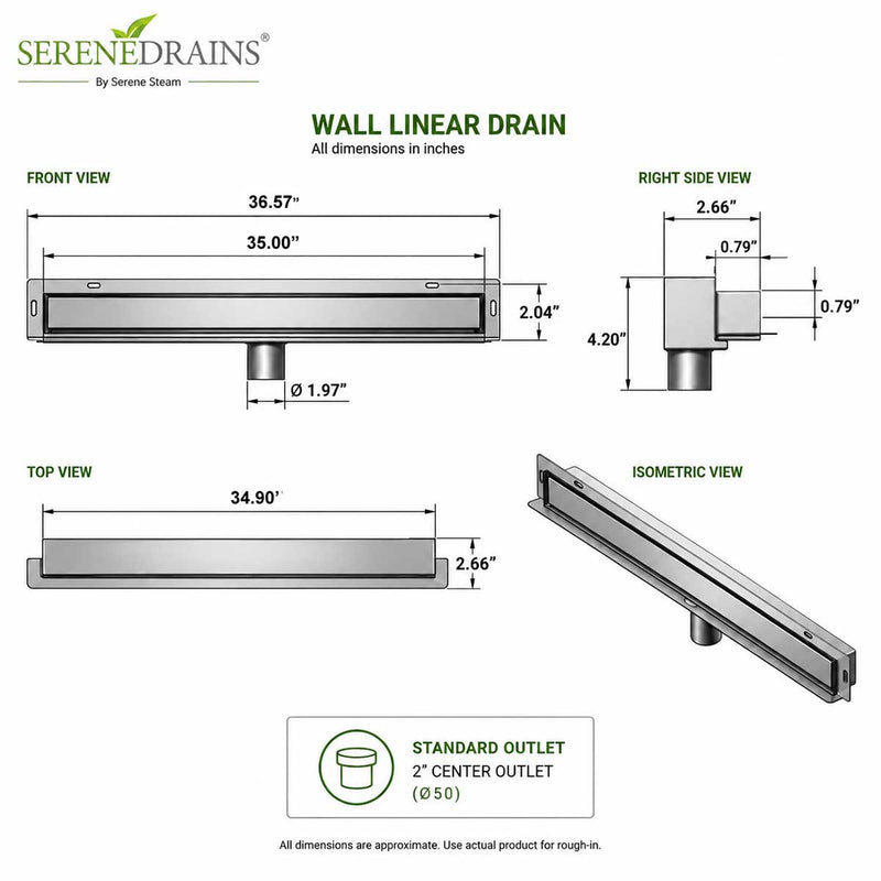 SereneDrains Linear Wall Shower Drain - Tile Insert - Brushed Nickel - 35 Inch