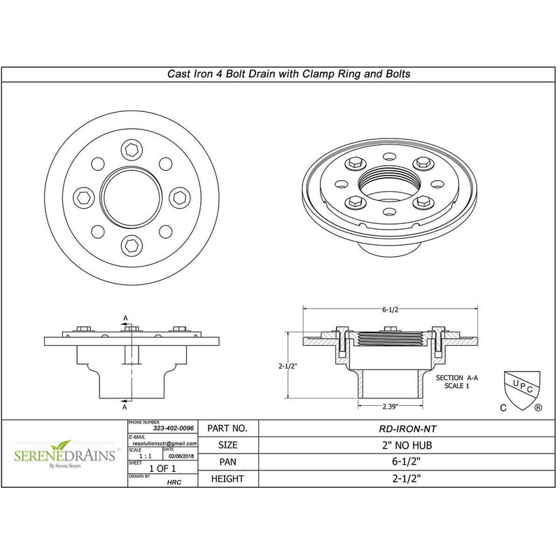 SereneDrains Cast Iron 2 Inch Shower Drain Base for Linear Square Shower Drains